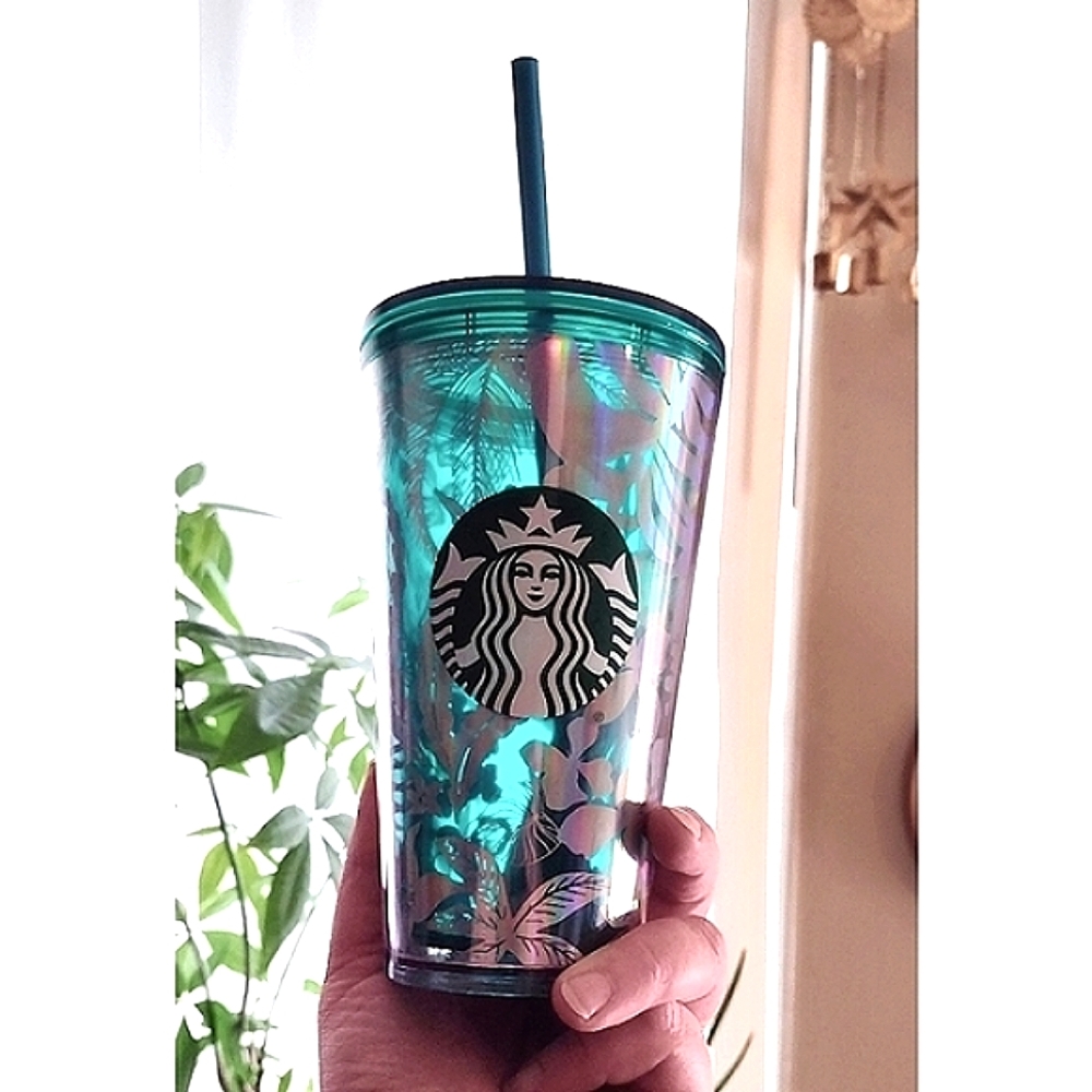 Starbucks 16oz Tumbler w/ Straw & Lid Tropical Dreamscape Teal Palm Leaf New!